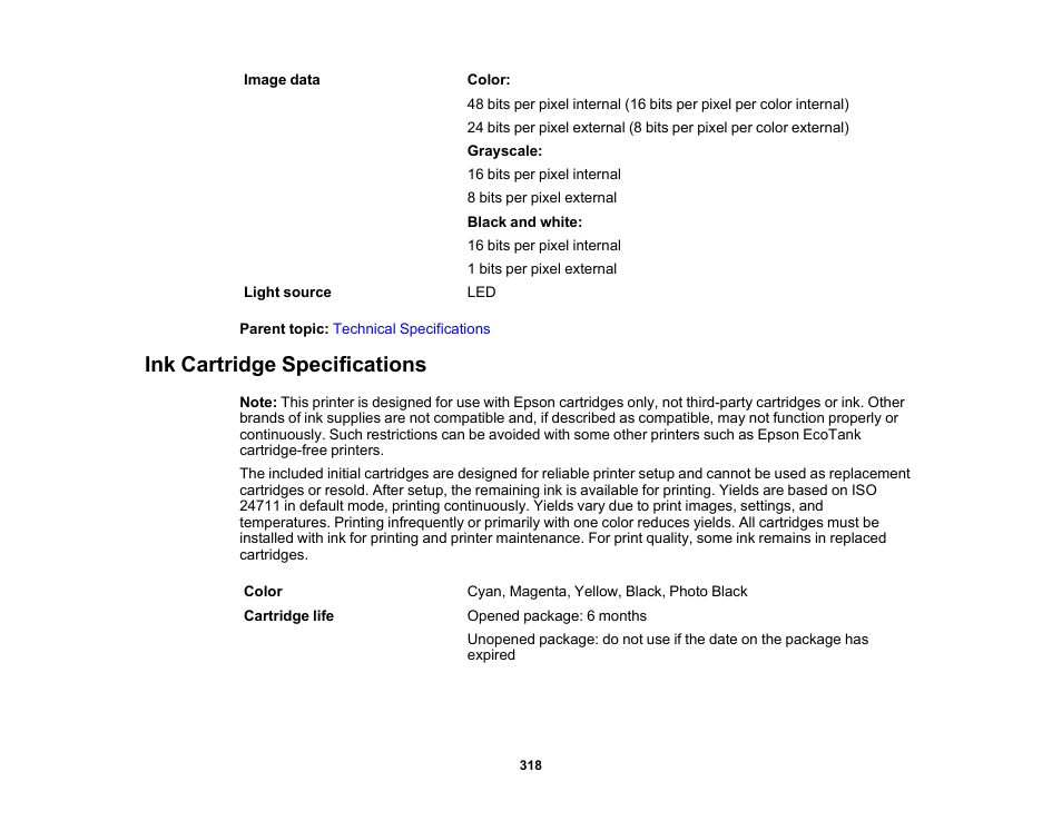 Ink cartridge specifications | Epson Expression Premium XP-6100 All-in-One Printer User Manual | Page 318 / 334