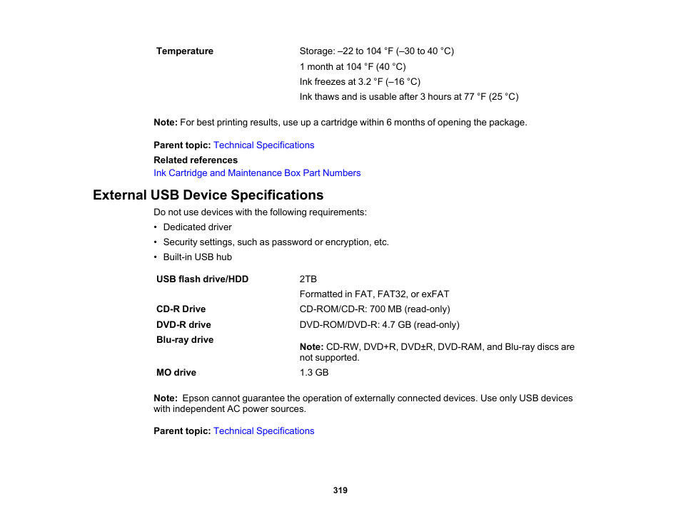 External usb device specifications | Epson Expression Premium XP-6100 All-in-One Printer User Manual | Page 319 / 334