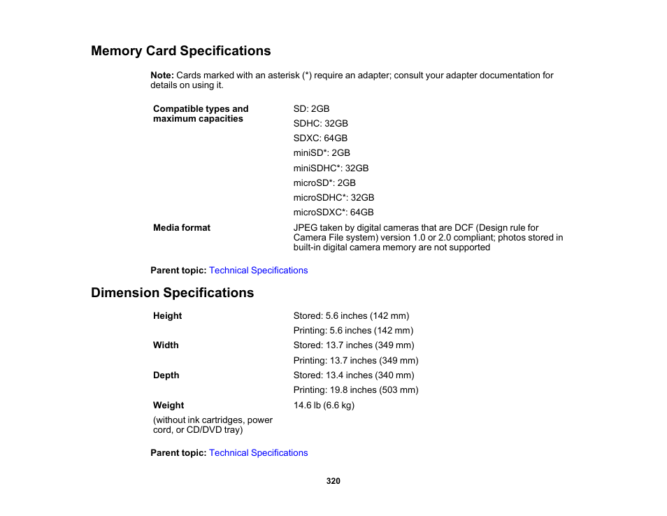 Memory card specifications, Dimension specifications | Epson Expression Premium XP-6100 All-in-One Printer User Manual | Page 320 / 334