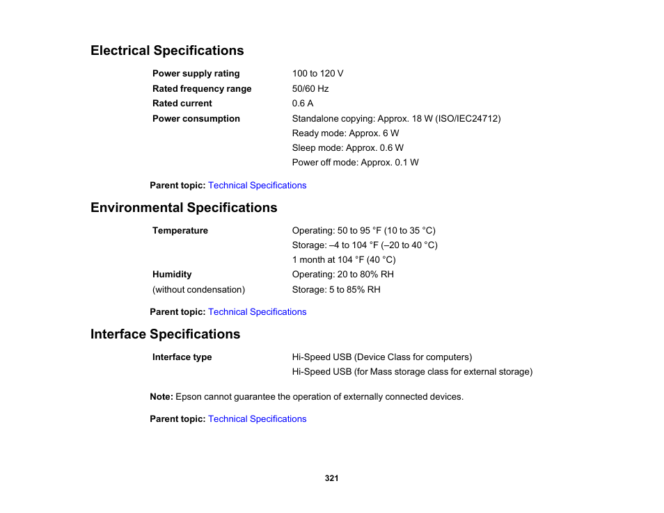 Electrical specifications, Environmental specifications, Interface specifications | Epson Expression Premium XP-6100 All-in-One Printer User Manual | Page 321 / 334