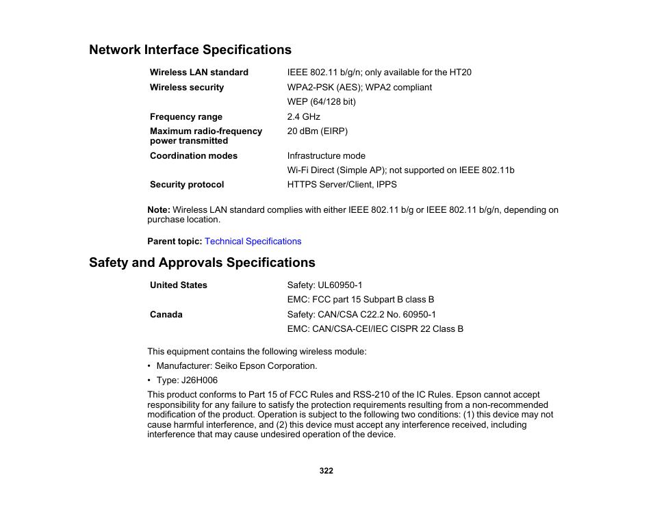 Network interface specifications, Safety and approvals specifications | Epson Expression Premium XP-6100 All-in-One Printer User Manual | Page 322 / 334