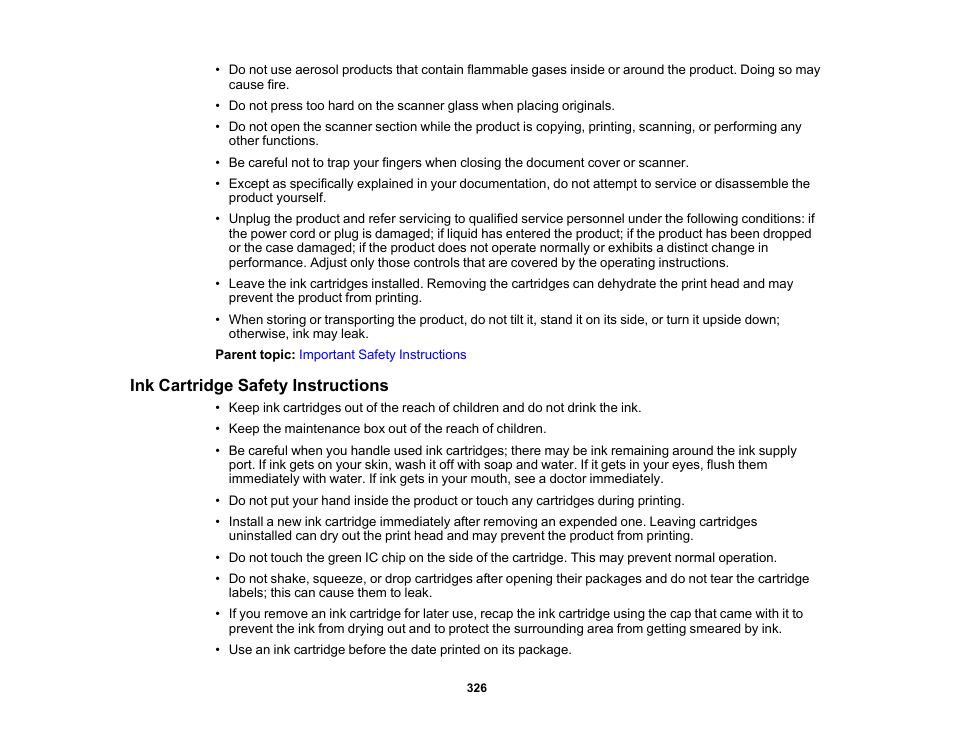 Ink cartridge safety instructions | Epson Expression Premium XP-6100 All-in-One Printer User Manual | Page 326 / 334