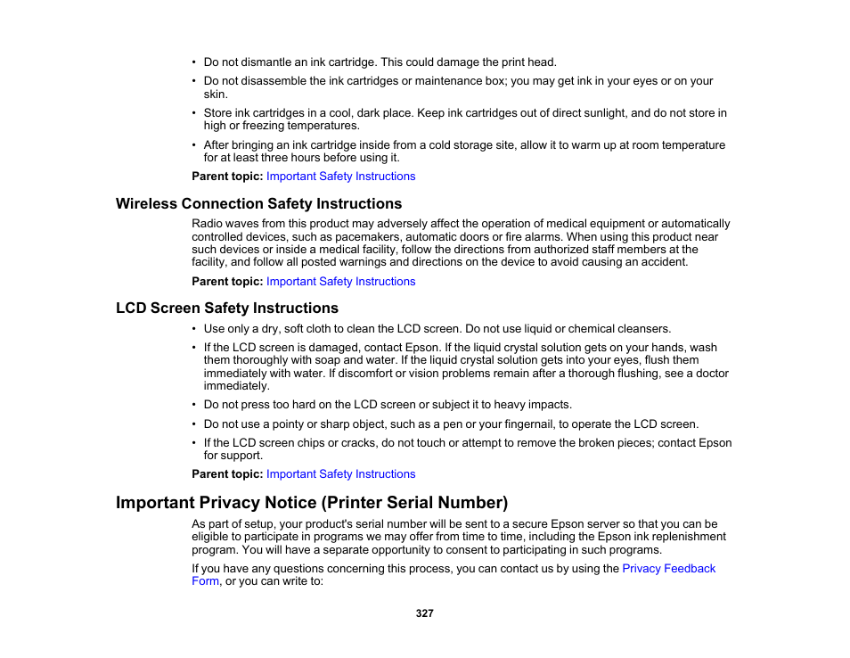 Wireless connection safety instructions, Lcd screen safety instructions, Important privacy notice (printer serial number) | Epson Expression Premium XP-6100 All-in-One Printer User Manual | Page 327 / 334