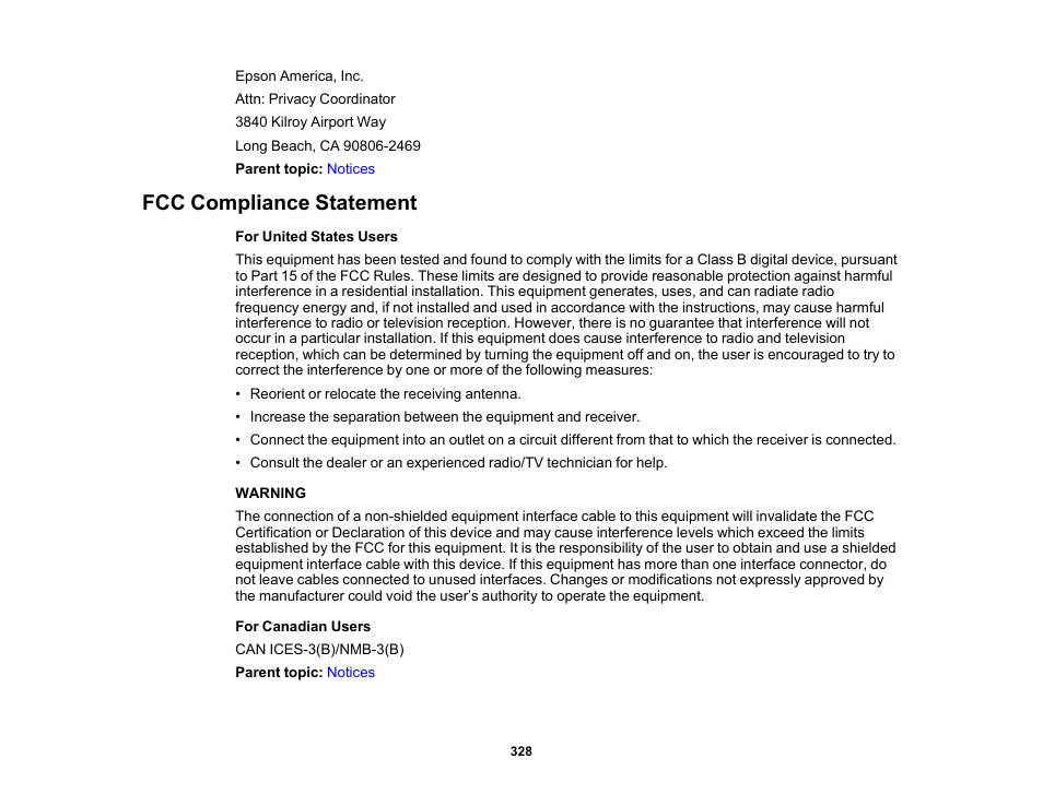 Fcc compliance statement | Epson Expression Premium XP-6100 All-in-One Printer User Manual | Page 328 / 334