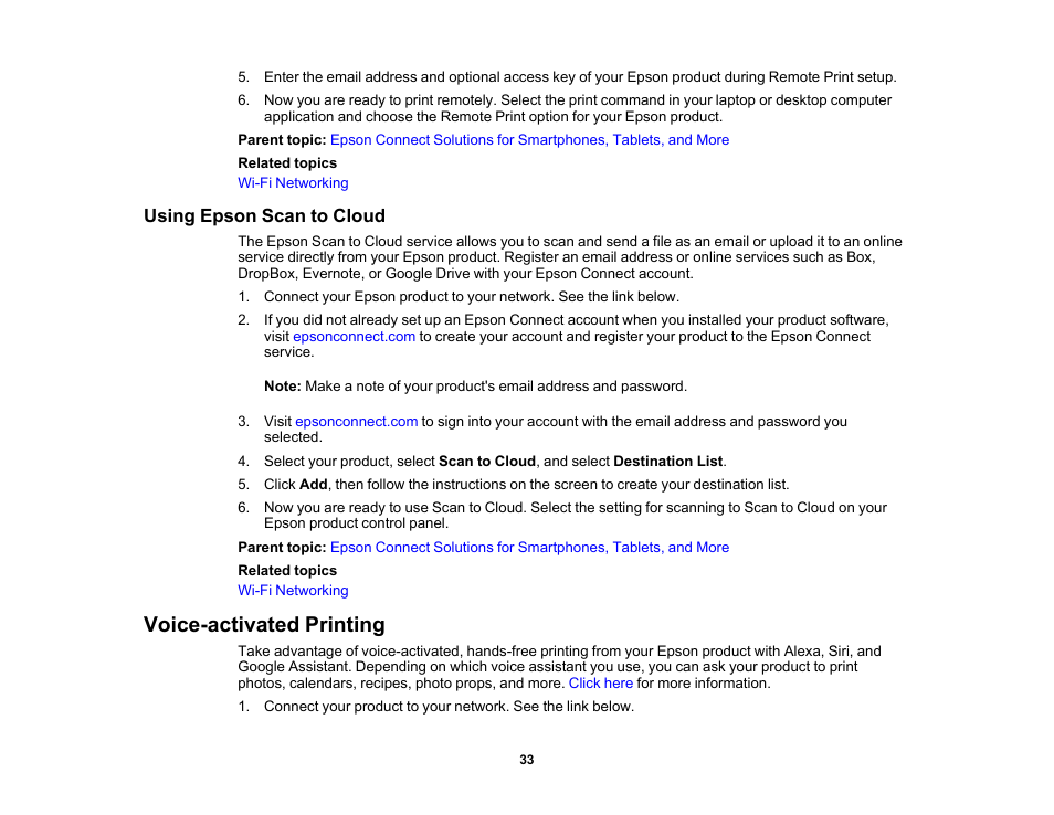 Using epson scan to cloud, Voice-activated printing | Epson Expression Premium XP-6100 All-in-One Printer User Manual | Page 33 / 334