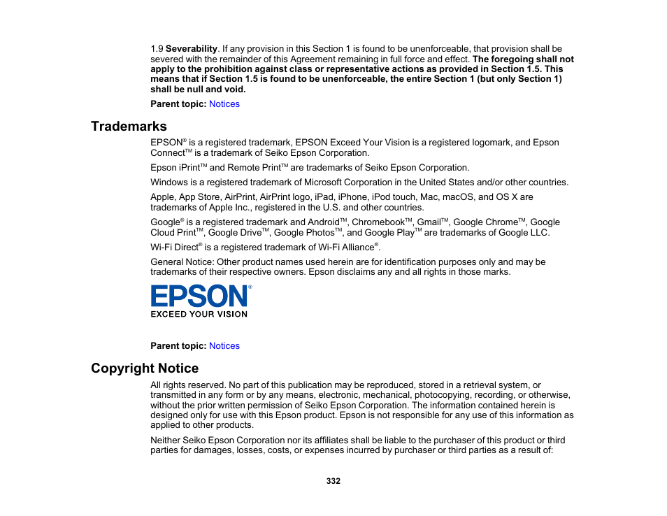 Trademarks, Copyright notice, Trademarks copyright notice | Epson Expression Premium XP-6100 All-in-One Printer User Manual | Page 332 / 334