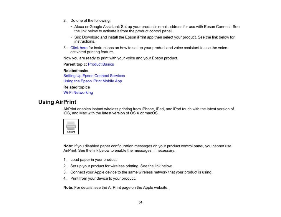 Using airprint | Epson Expression Premium XP-6100 All-in-One Printer User Manual | Page 34 / 334