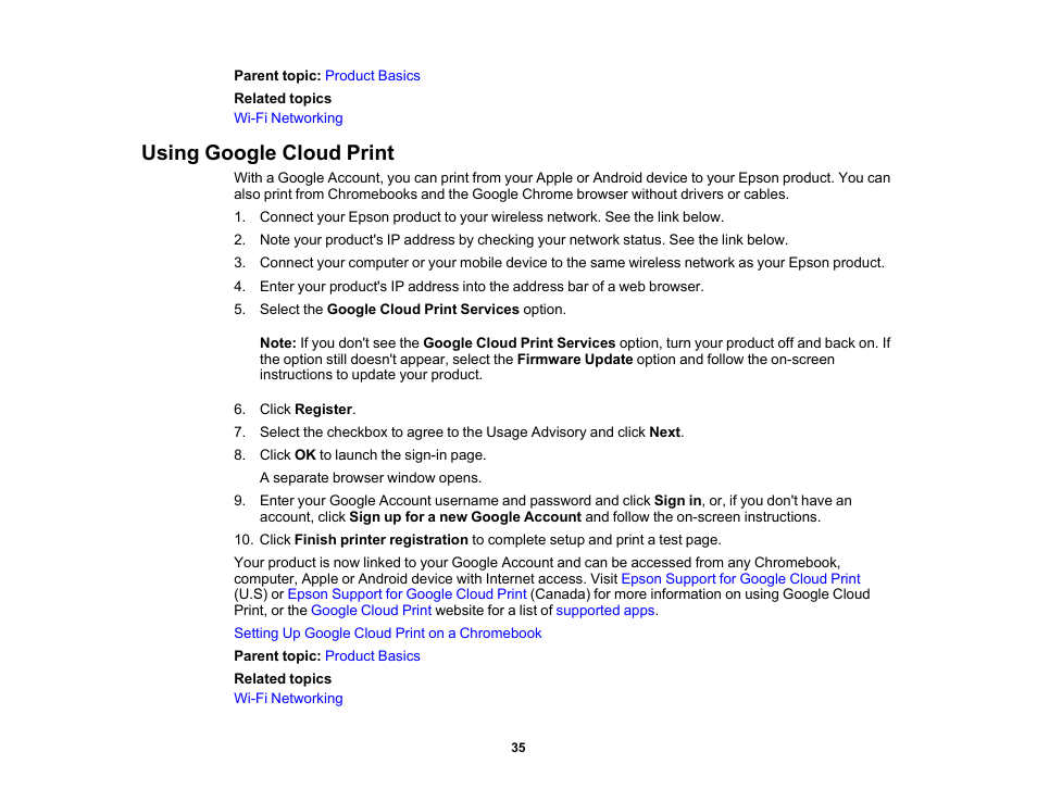 Using google cloud print | Epson Expression Premium XP-6100 All-in-One Printer User Manual | Page 35 / 334