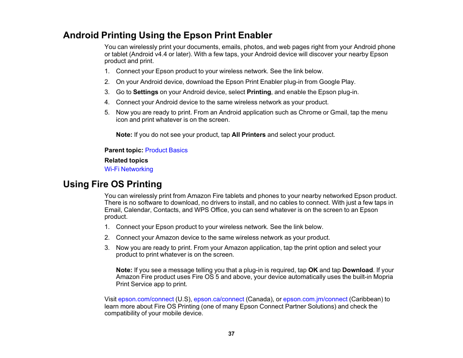 Android printing using the epson print enabler, Using fire os printing | Epson Expression Premium XP-6100 All-in-One Printer User Manual | Page 37 / 334