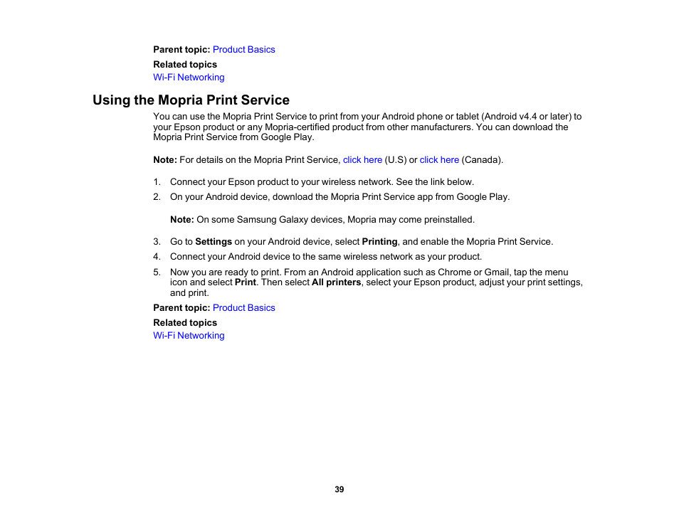 Using the mopria print service | Epson Expression Premium XP-6100 All-in-One Printer User Manual | Page 39 / 334