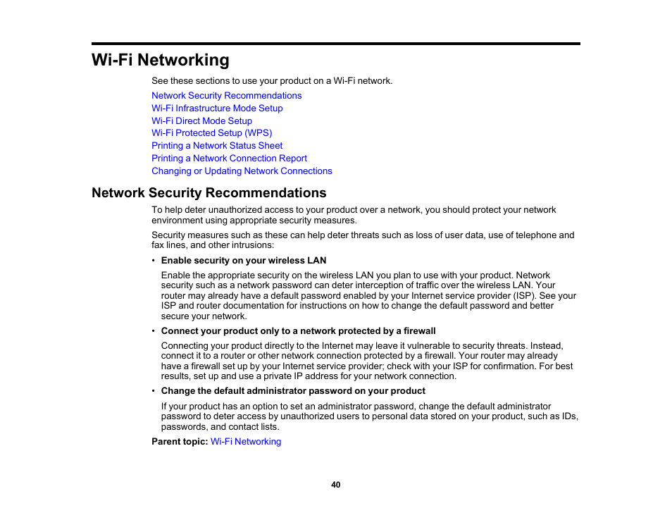 Wi-fi networking, Network security recommendations | Epson Expression Premium XP-6100 All-in-One Printer User Manual | Page 40 / 334