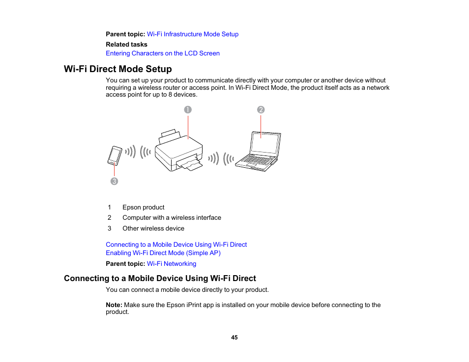 Wi-fi direct mode setup, Connecting to a mobile device using wi-fi direct | Epson Expression Premium XP-6100 All-in-One Printer User Manual | Page 45 / 334