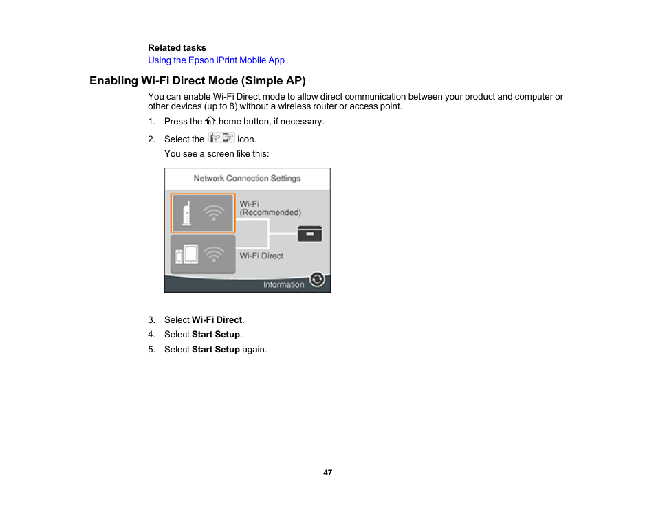 Enabling wi-fi direct mode (simple ap) | Epson Expression Premium XP-6100 All-in-One Printer User Manual | Page 47 / 334