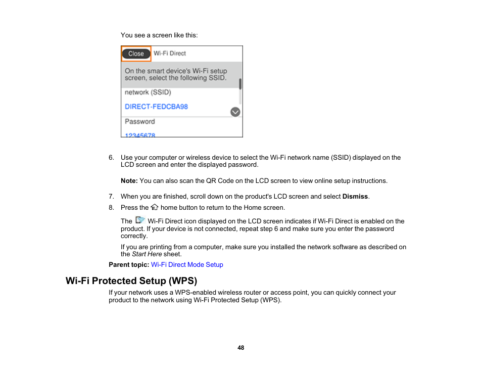 Wi-fi protected setup (wps) | Epson Expression Premium XP-6100 All-in-One Printer User Manual | Page 48 / 334