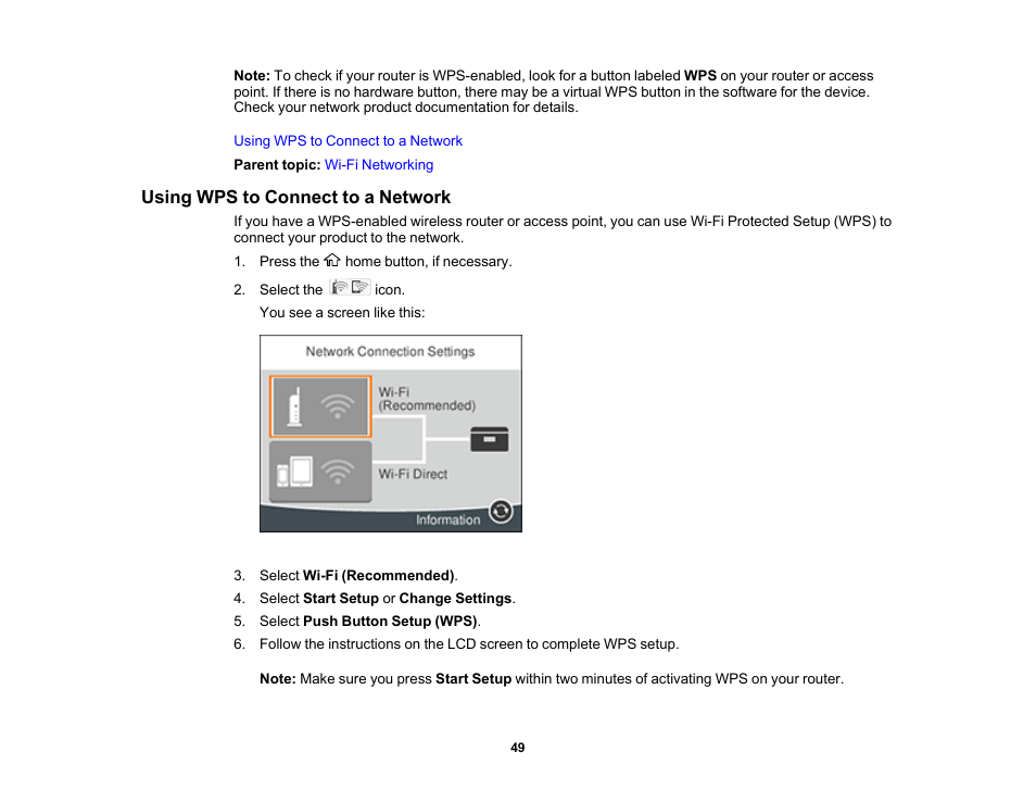 Using wps to connect to a network | Epson Expression Premium XP-6100 All-in-One Printer User Manual | Page 49 / 334