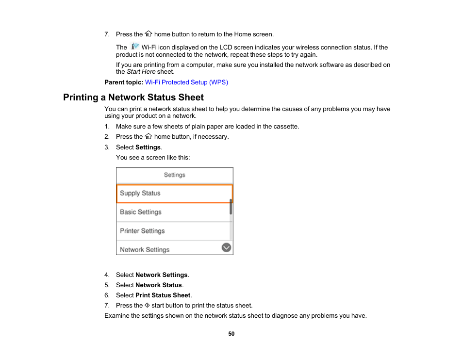 Printing a network status sheet | Epson Expression Premium XP-6100 All-in-One Printer User Manual | Page 50 / 334