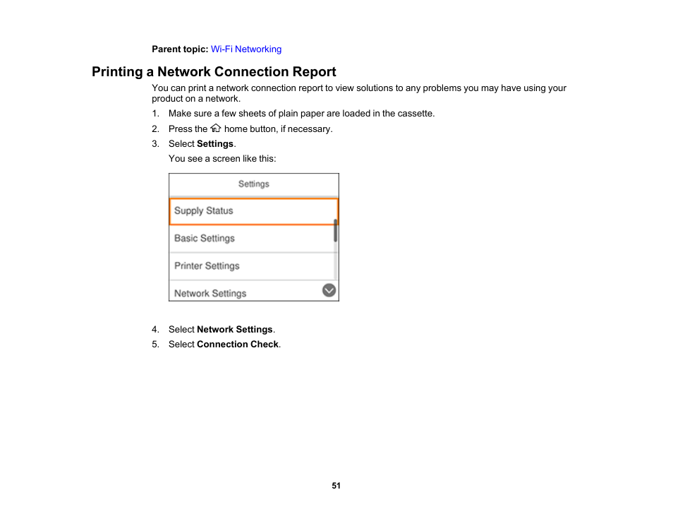 Printing a network connection report | Epson Expression Premium XP-6100 All-in-One Printer User Manual | Page 51 / 334