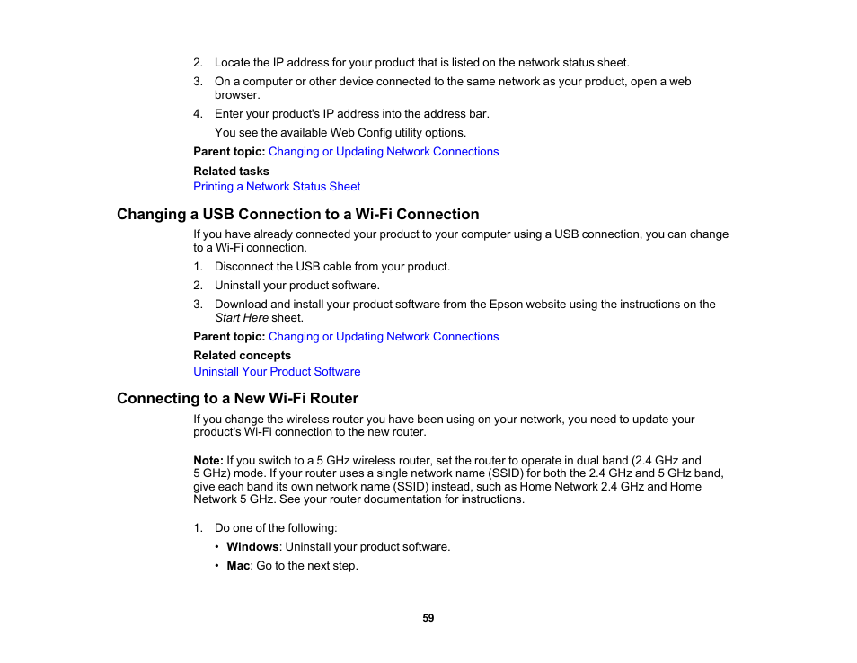 Changing a usb connection to a wi-fi connection, Connecting to a new wi-fi router | Epson Expression Premium XP-6100 All-in-One Printer User Manual | Page 59 / 334