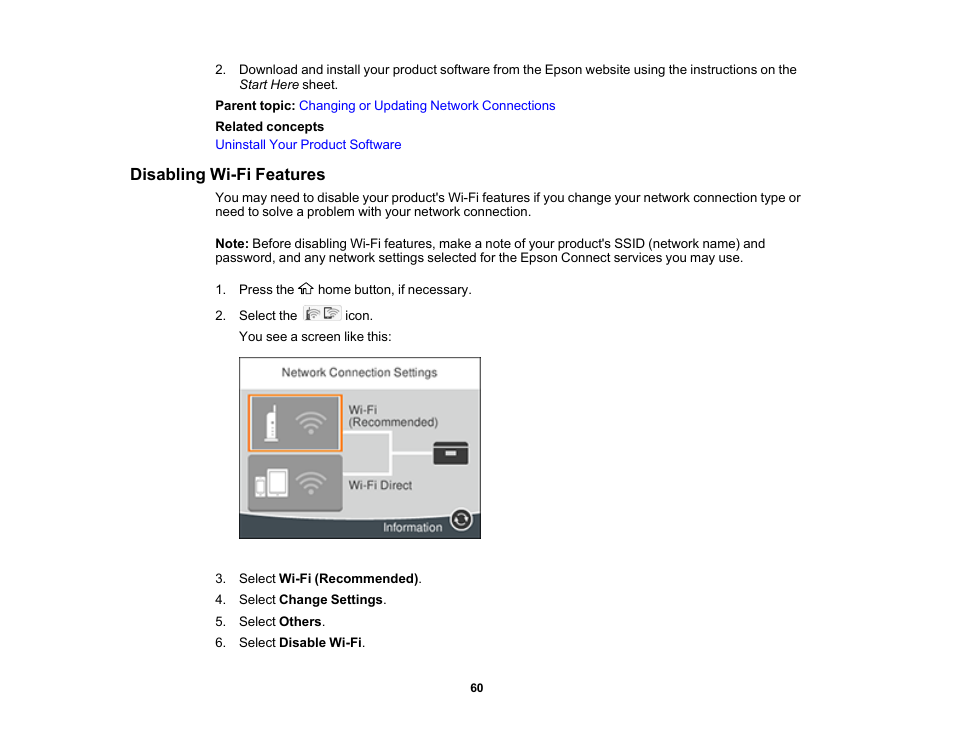 Disabling wi-fi features | Epson Expression Premium XP-6100 All-in-One Printer User Manual | Page 60 / 334