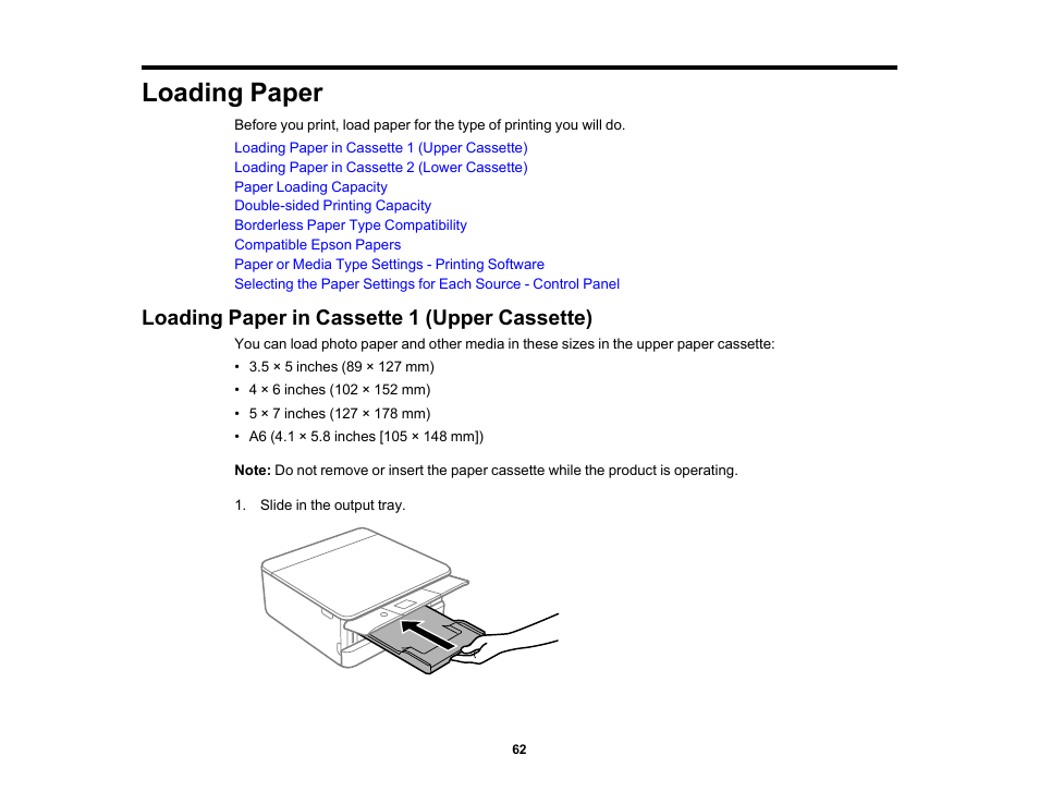 Loading paper, Loading paper in cassette 1 (upper cassette) | Epson Expression Premium XP-6100 All-in-One Printer User Manual | Page 62 / 334