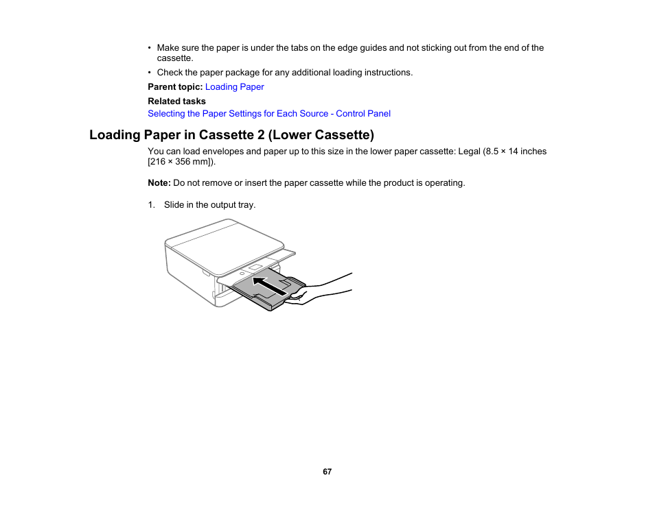 Loading paper in cassette 2 (lower cassette) | Epson Expression Premium XP-6100 All-in-One Printer User Manual | Page 67 / 334