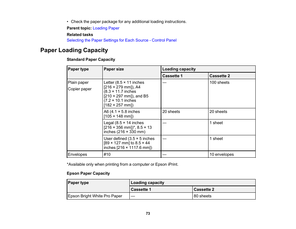 Paper loading capacity | Epson Expression Premium XP-6100 All-in-One Printer User Manual | Page 73 / 334