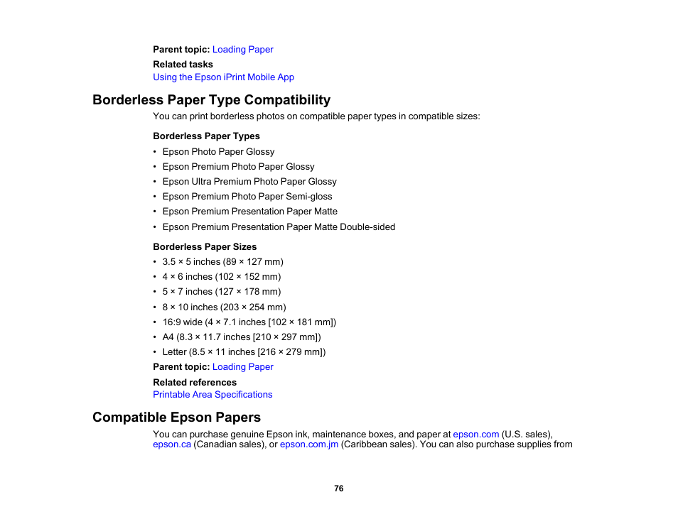 Borderless paper type compatibility, Compatible epson papers | Epson Expression Premium XP-6100 All-in-One Printer User Manual | Page 76 / 334