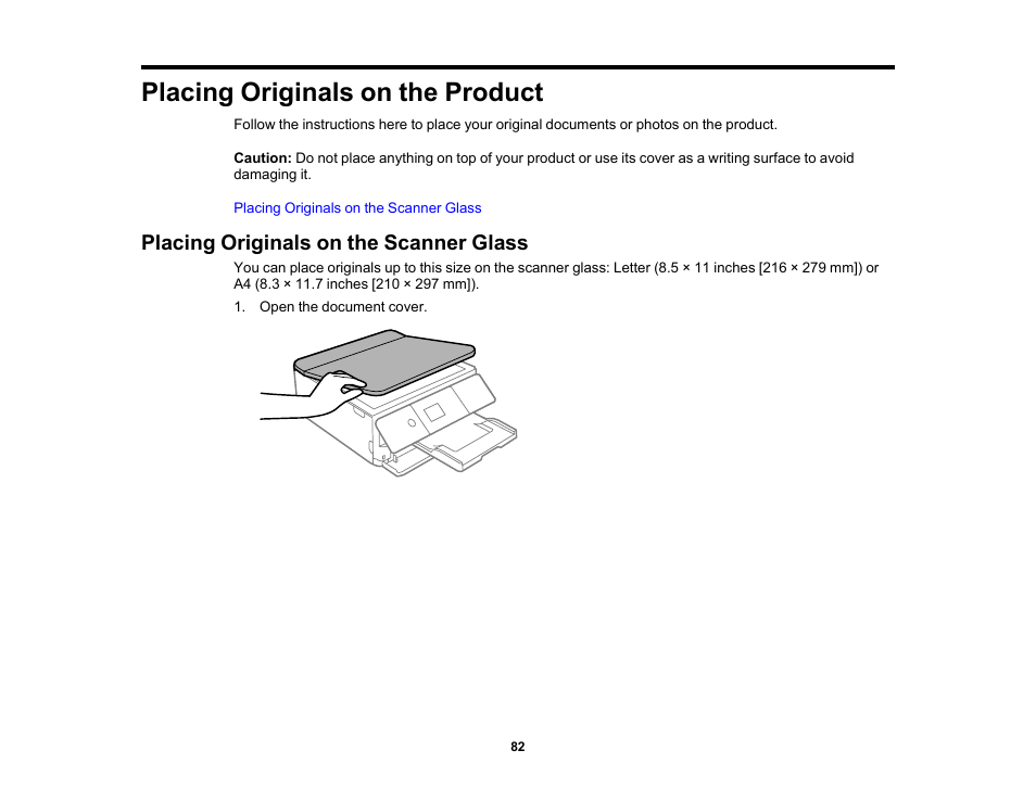 Placing originals on the product, Placing originals on the scanner glass | Epson Expression Premium XP-6100 All-in-One Printer User Manual | Page 82 / 334