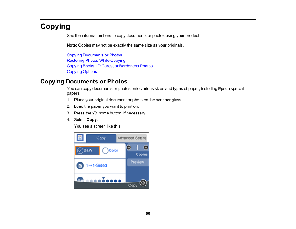 Copying, Copying documents or photos | Epson Expression Premium XP-6100 All-in-One Printer User Manual | Page 86 / 334