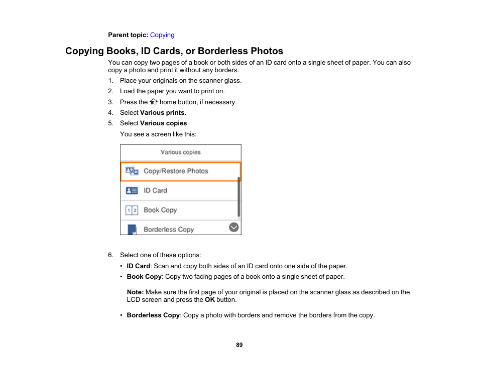 Copying books, id cards, or borderless photos | Epson Expression Premium XP-6100 All-in-One Printer User Manual | Page 89 / 334