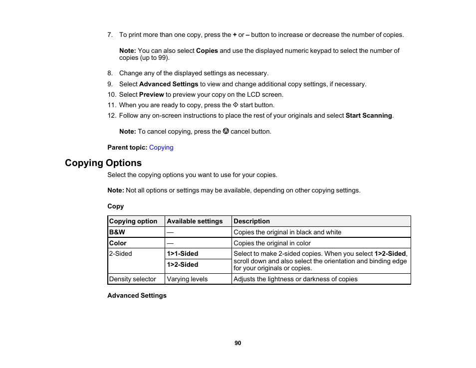 Copying options | Epson Expression Premium XP-6100 All-in-One Printer User Manual | Page 90 / 334