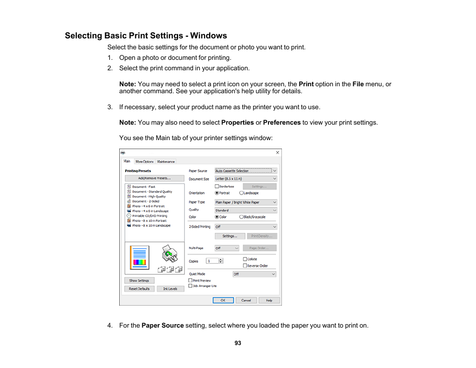 Selecting basic print settings - windows | Epson Expression Premium XP-6100 All-in-One Printer User Manual | Page 93 / 334