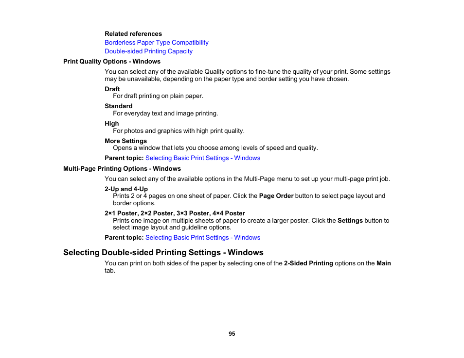 Print quality options - windows, Selecting double-sided printing settings - windows | Epson Expression Premium XP-6100 All-in-One Printer User Manual | Page 95 / 334