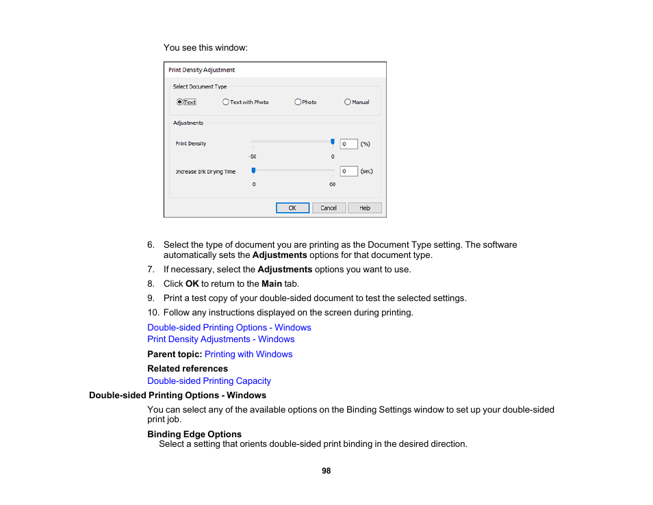 Double-sided printing options - windows | Epson Expression Premium XP-6100 All-in-One Printer User Manual | Page 98 / 334