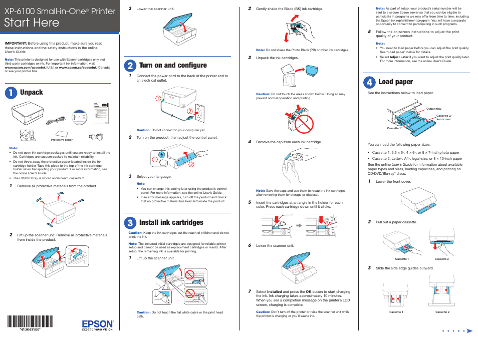 Load paper, Start here, Xp-6100 small-in-one | Printer, Unpack, Turn on and configure, Install ink cartridges | Epson Expression Premium XP-6100 All-in-One Printer User Manual | Page 2 / 4