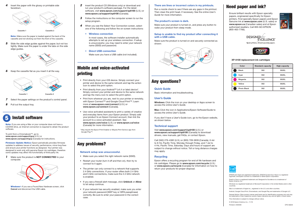 Install software, Mobile and voice-activated printing, Any problems | Need paper and ink, Any questions | Epson Expression Premium XP-6100 All-in-One Printer User Manual | Page 3 / 4