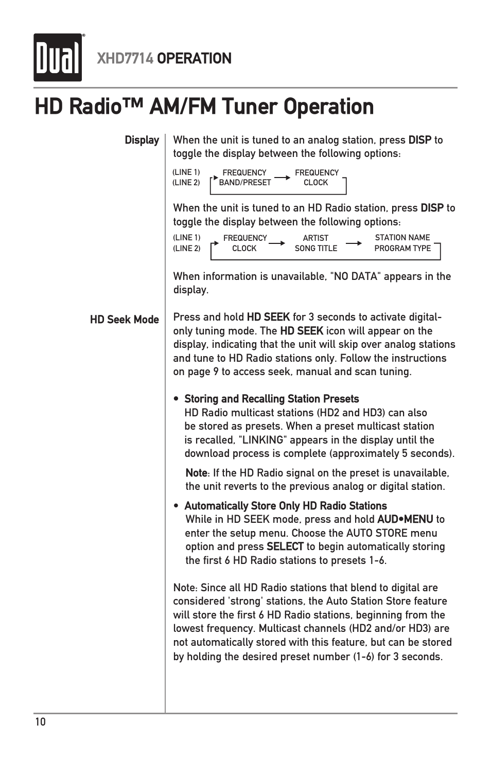 Hd radio™ am/fm tuner operation, Xhd7714 operation | Dual XHD7714 User Manual | Page 10 / 32