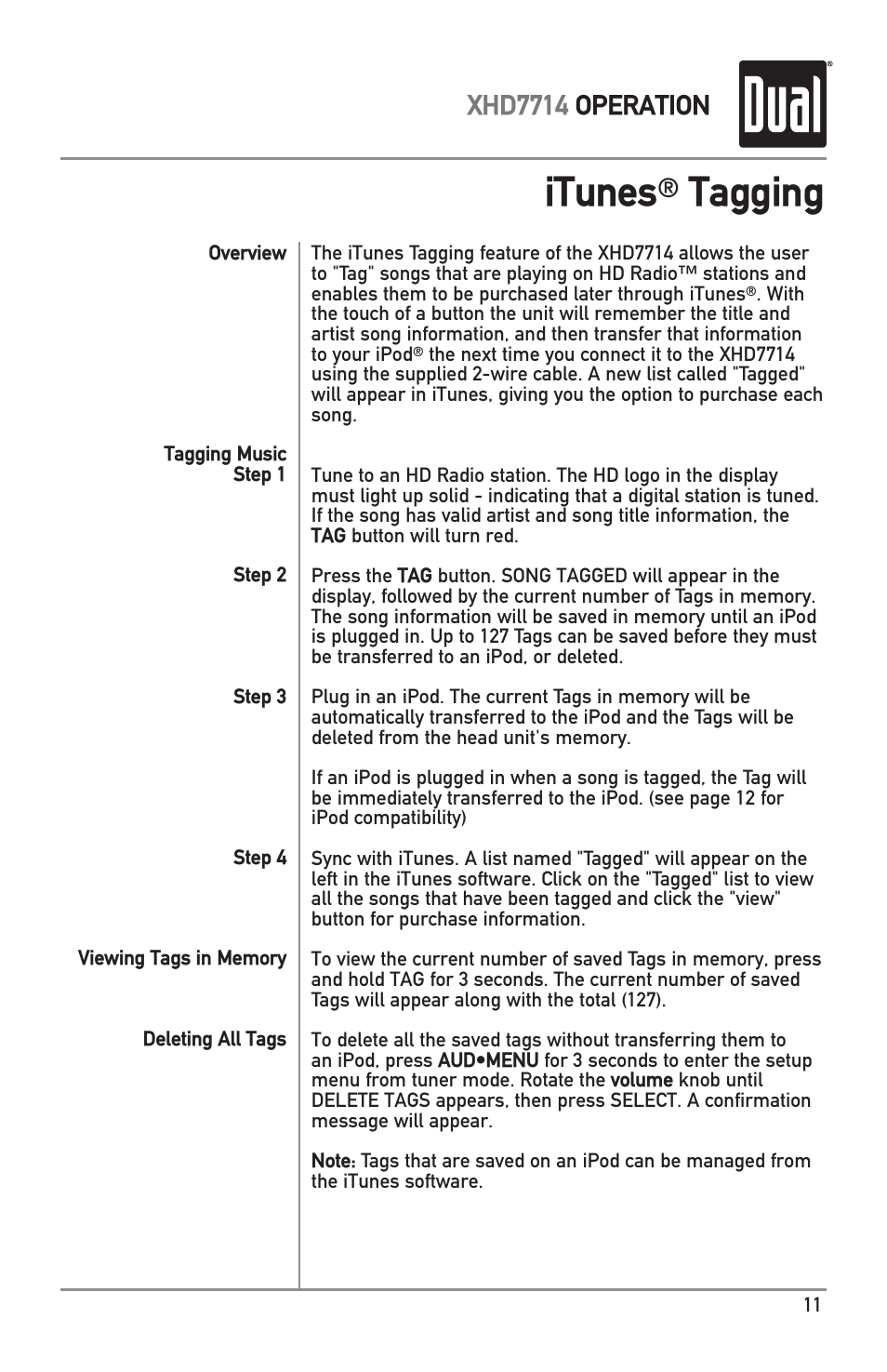 Itunes, Tagging, Xhd7714 operation | Dual XHD7714 User Manual | Page 11 / 32