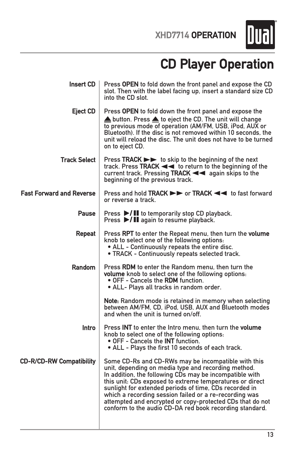 Cd player operation, Xhd7714 operation | Dual XHD7714 User Manual | Page 13 / 32