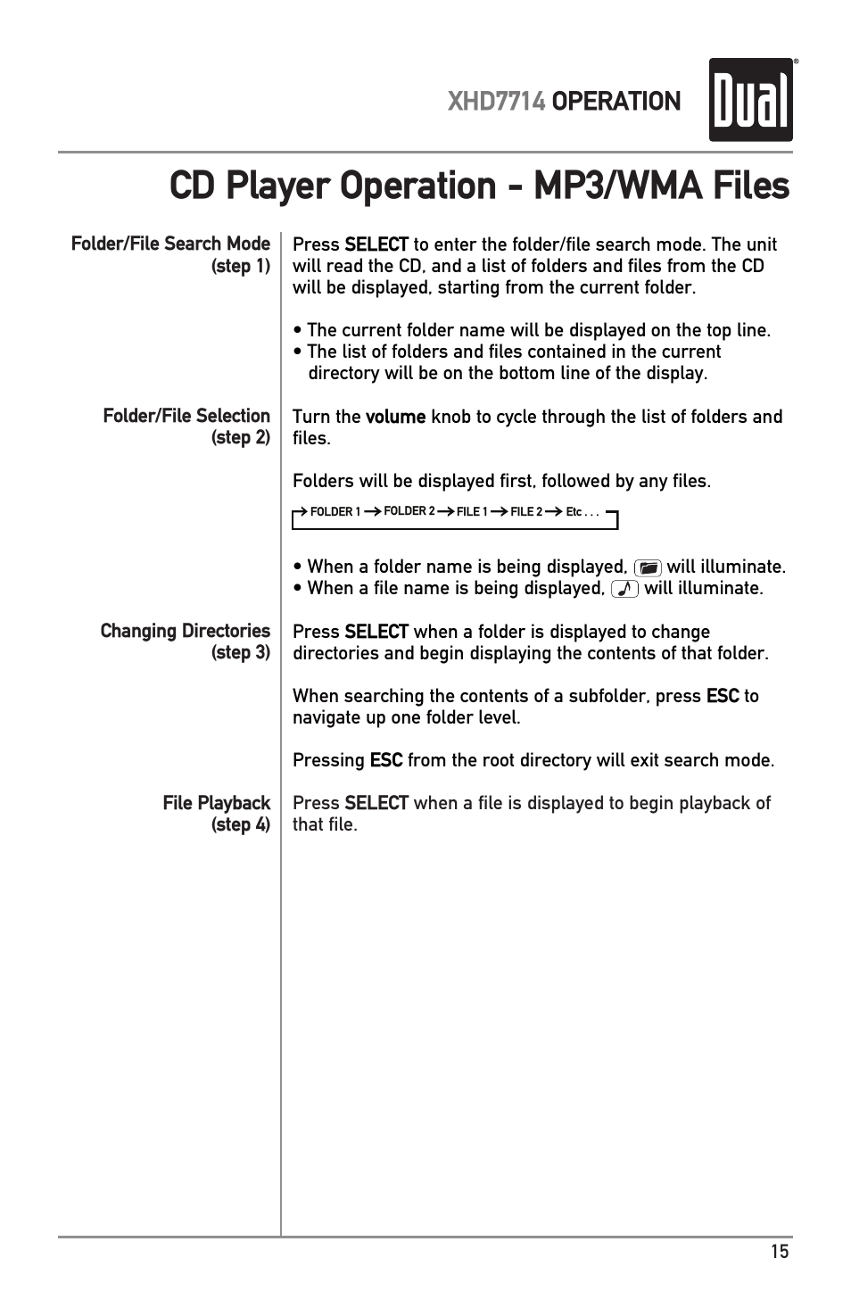 Cd player operation - mp3/wma files, Xhd7714 operation | Dual XHD7714 User Manual | Page 15 / 32