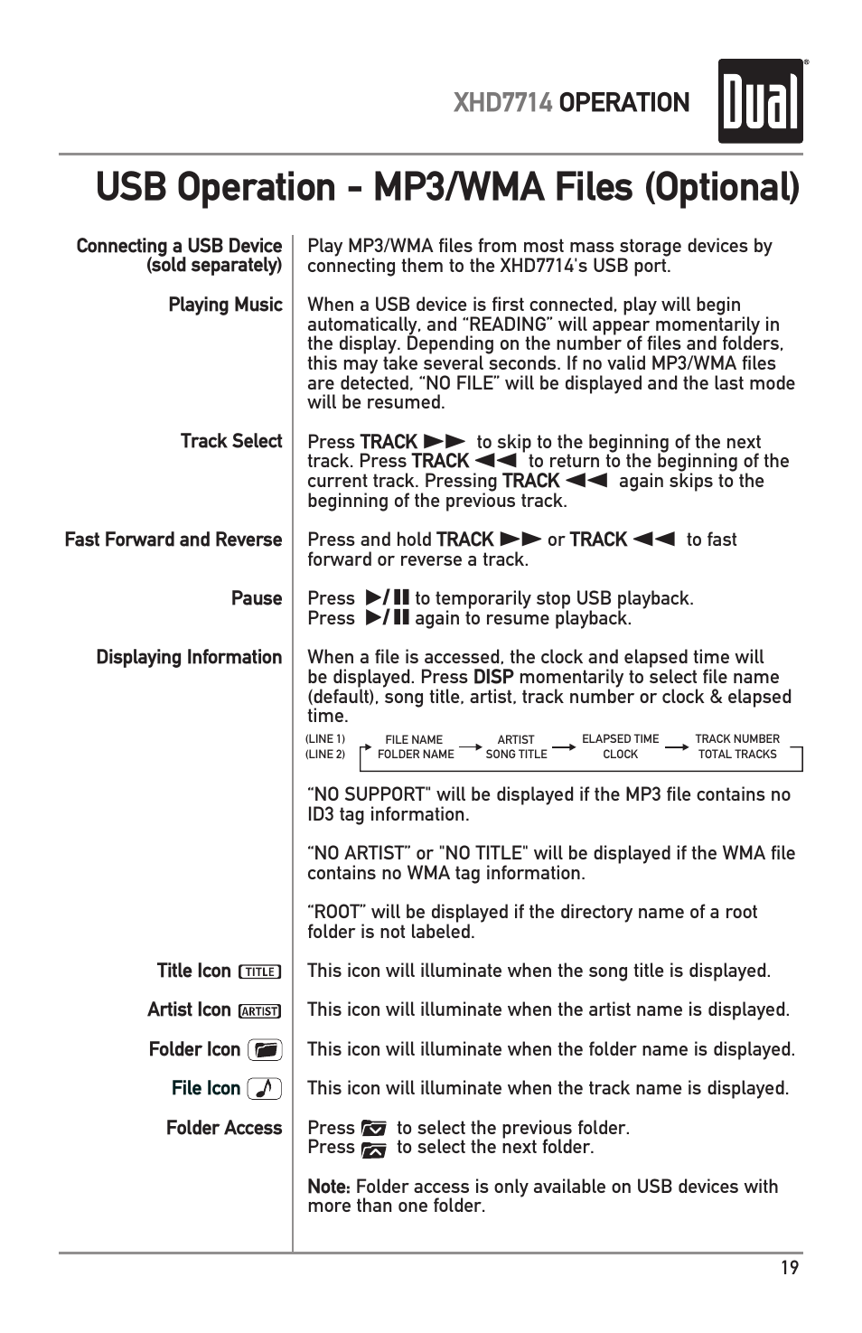 Usb operation - mp3/wma files (optional), Xhd7714 operation | Dual XHD7714 User Manual | Page 19 / 32
