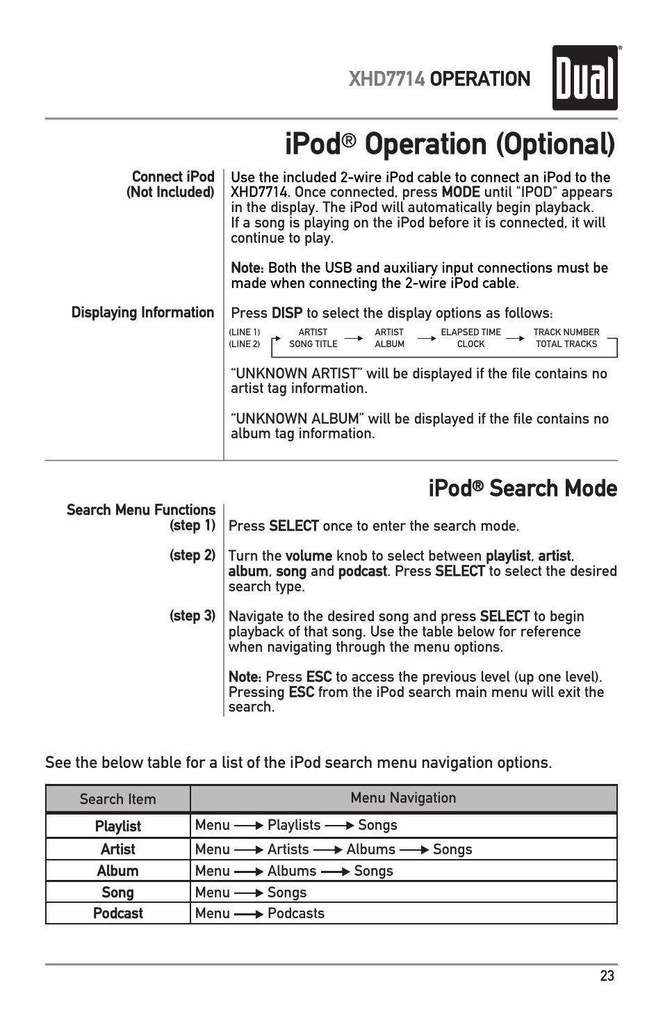 Ipod, Operation (optional), Search mode | Xhd7714 operation | Dual XHD7714 User Manual | Page 23 / 32