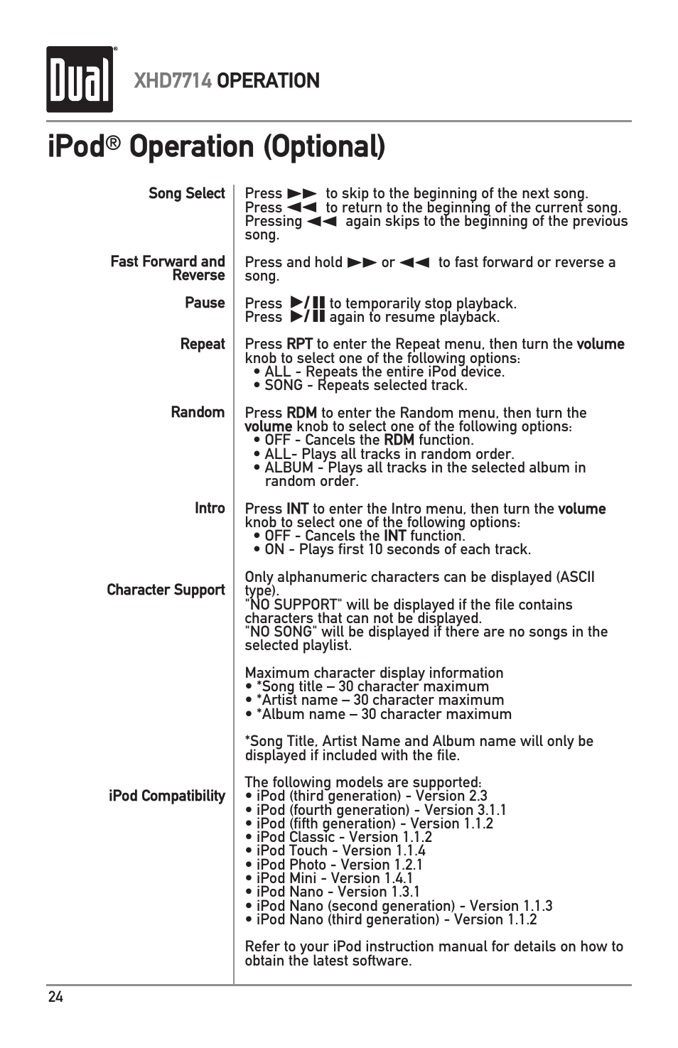 Ipod, Operation (optional), Xhd7714 operation | Dual XHD7714 User Manual | Page 24 / 32