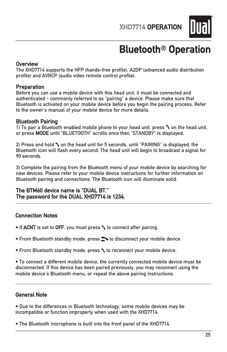Bluetooth, Operation, Xhd7714 operation | Dual XHD7714 User Manual | Page 25 / 32
