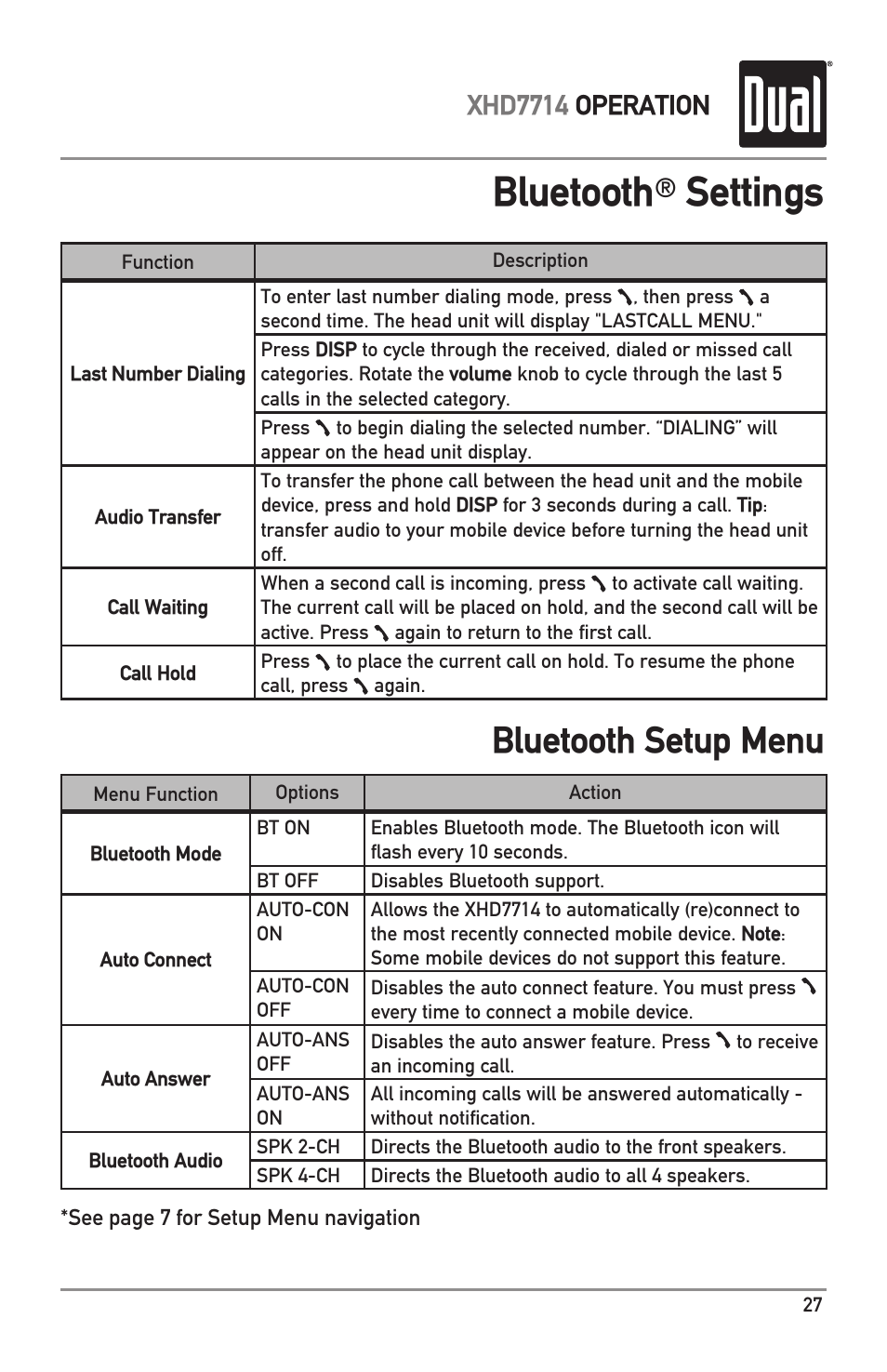 Bluetooth, Settings, Bluetooth setup menu | Xhd7714 operation | Dual XHD7714 User Manual | Page 27 / 32