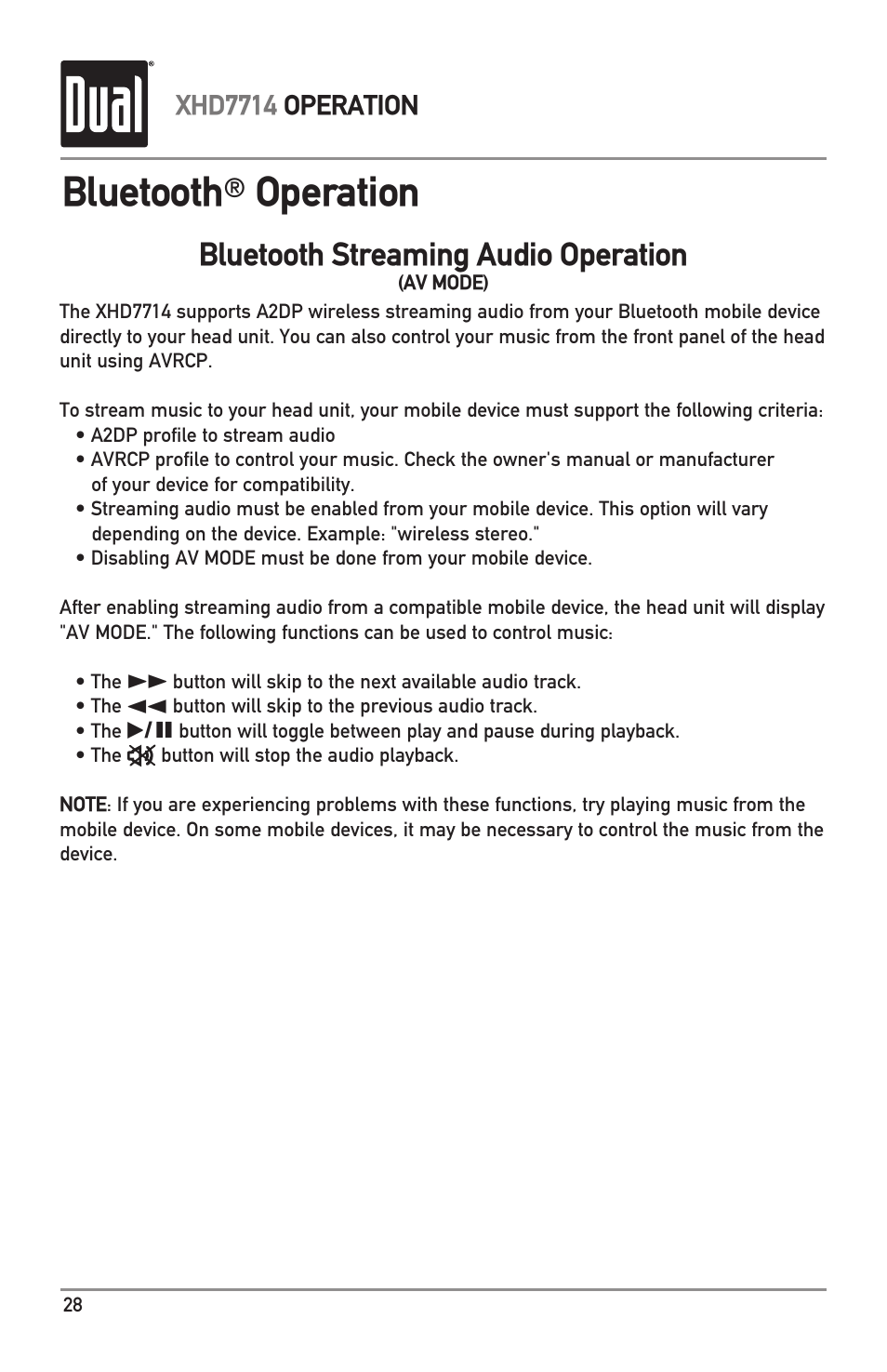 Bluetooth, Operation, Bluetooth streaming audio operation | Dual XHD7714 User Manual | Page 28 / 32