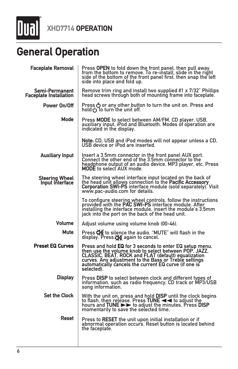 General operation, Xhd7714 operation | Dual XHD7714 User Manual | Page 6 / 32