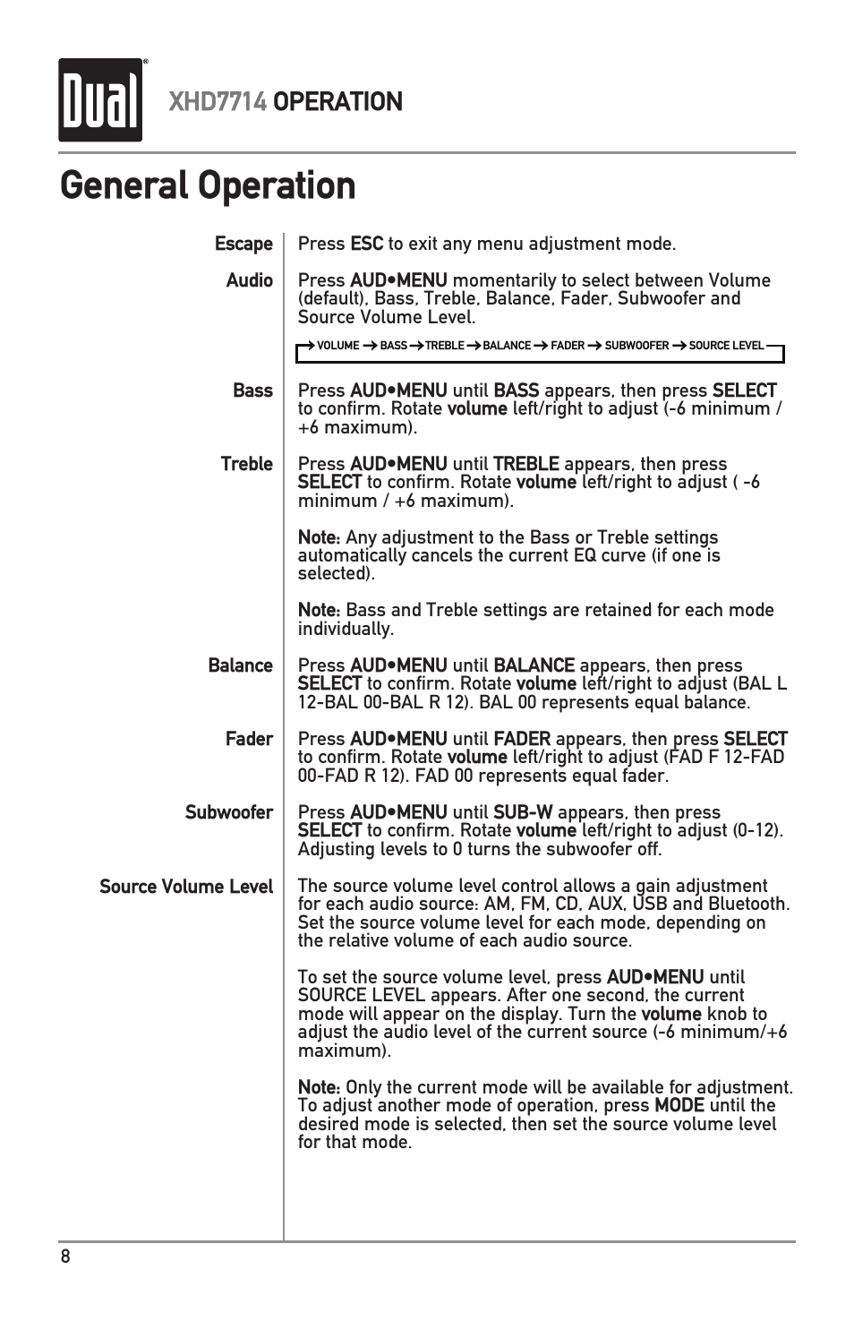 General operation, Xhd7714 operation | Dual XHD7714 User Manual | Page 8 / 32