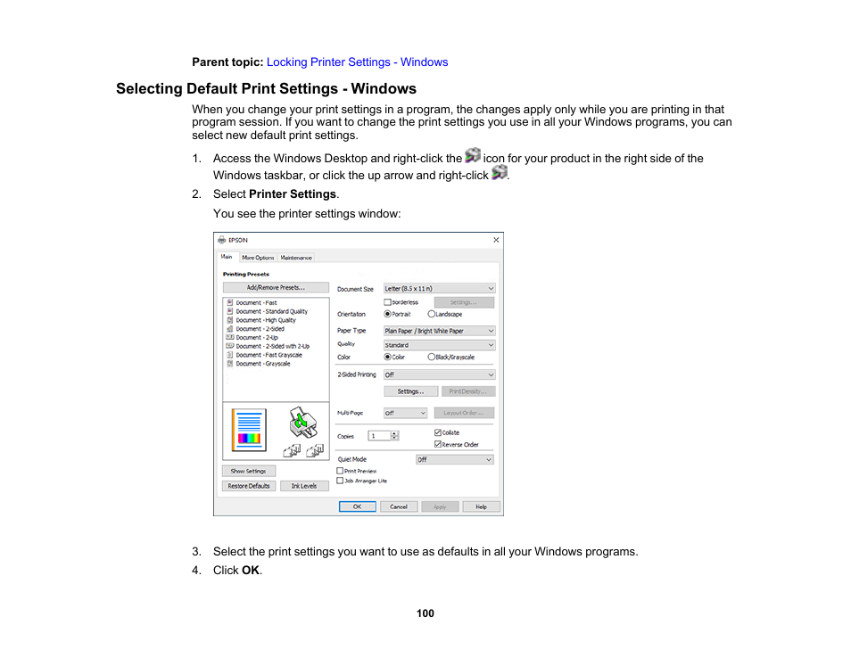Selecting default print settings - windows | Epson WorkForce WF-2930 Wireless All-in-One Color Inkjet Printer User Manual | Page 100 / 327