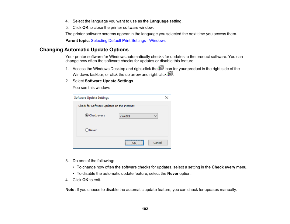 Changing automatic update options | Epson WorkForce WF-2930 Wireless All-in-One Color Inkjet Printer User Manual | Page 102 / 327